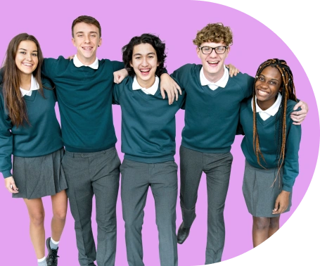 Five students standing together and smiling.