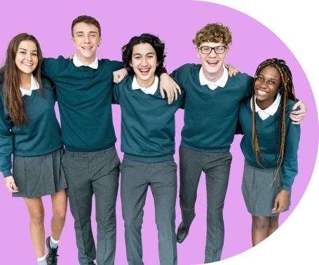 Five students standing together and smiling.