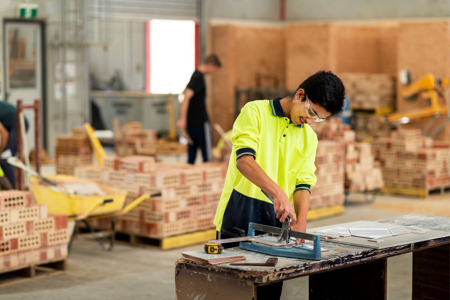 A male teenager in a flourescent tradie's top is cutting tiles in a brickworks factory environment