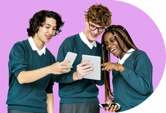 Three students together, two on a tablet and one on a mobile phone.