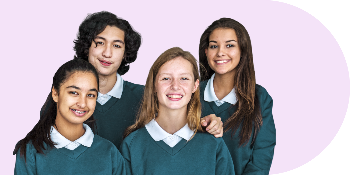 Deep-etched image of 4 teenage students wearing school uniform against a purple background.