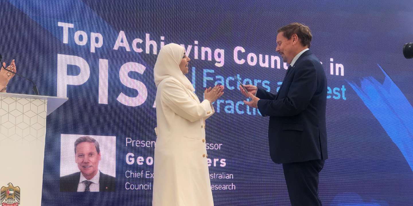 Australian Council of Educational Research (ACER) CEO Professor Geoff Masters accepted a gift from the UAE Minister of Education Her Excellency Sarah Al Amiri in Dubai.