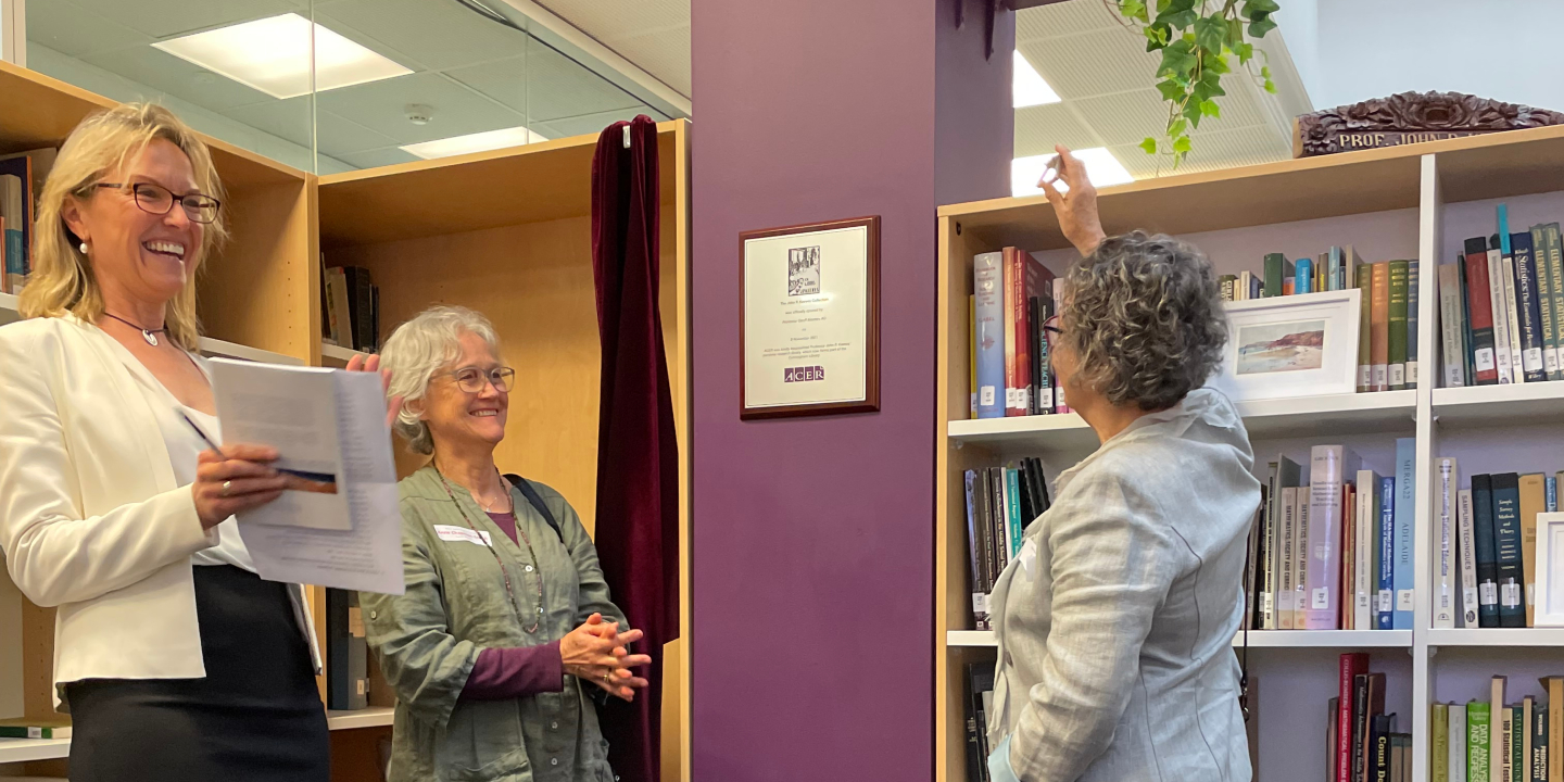 Professor Keeves' nieces, Anne Chapman-Smith and Jo Bishop, with ACER's Petra Lietz at the opening of the Keeves Collection.