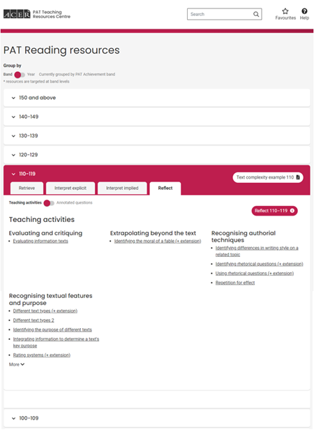 Screenshot of the Teaching Resources Centre illustrating the progress of bands, and where there teaching activity sits. 