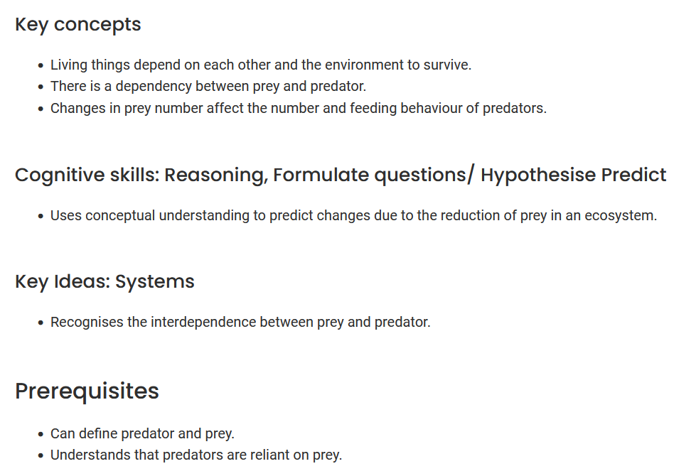 Key concepts      Living things depend on each other and the environment to survive.     There is a dependency between prey and predator.     Changes in prey number affect the number and feeding behaviour of predators.  Cognitive skills: Reasoning, Formulate questions/ Hypothesise Predict      Uses conceptual understanding to predict changes due to the reduction of prey in an ecosystem.  Key Ideas: Systems      Recognises the interdependence between prey and predator.  Prerequisites      Can define predator and prey.     Understands that predators are reliant on prey.