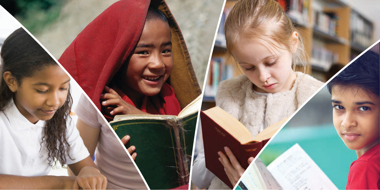 Collage of stock photos of children reading.