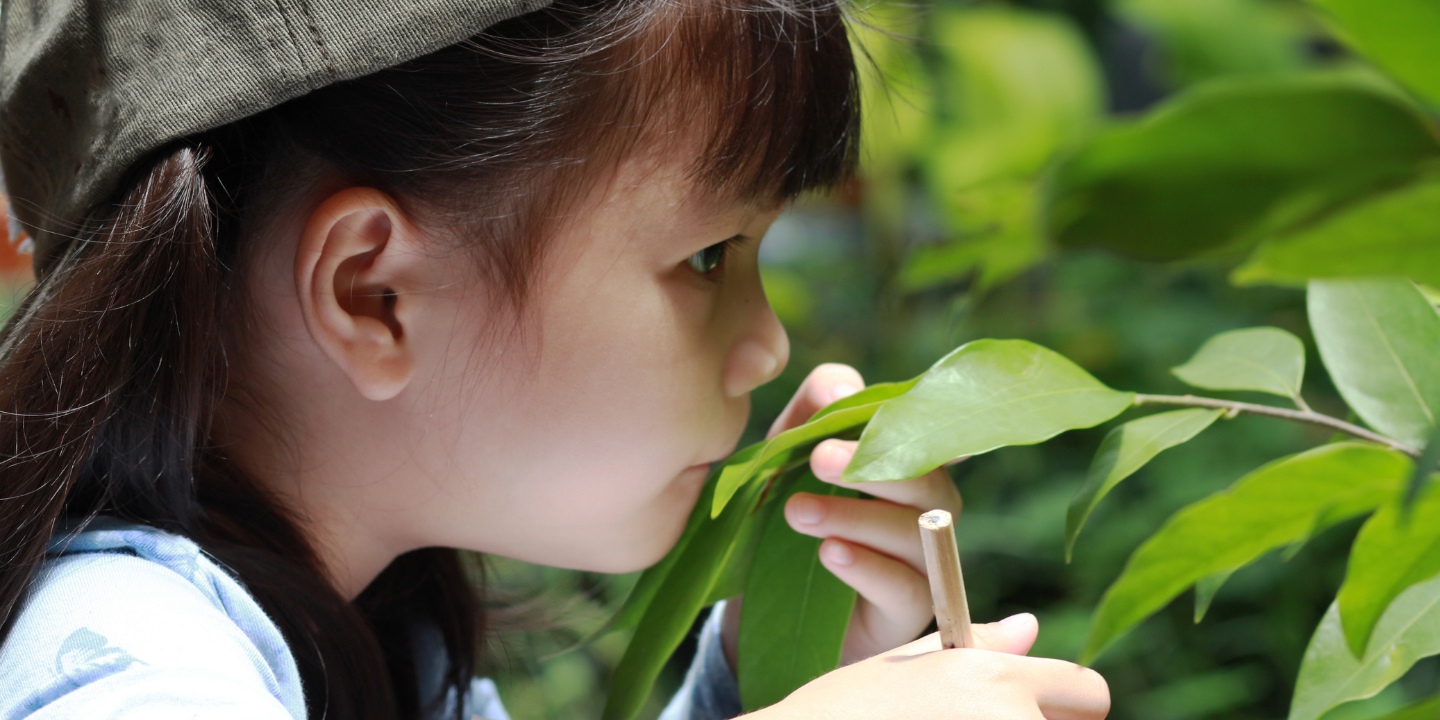 Young girl smells plant with pencil in her hand