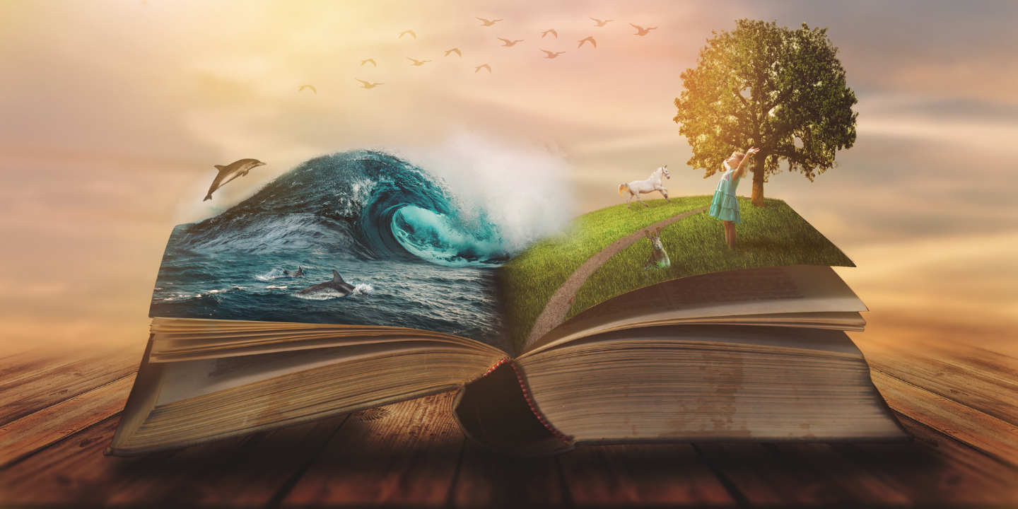 Magic book with child, ocean and landscape