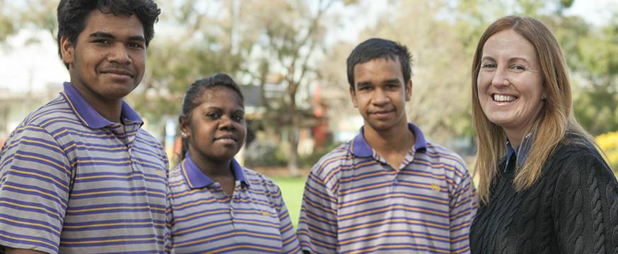 Students from the Yiramalay/Wesley Studio School in the Kimberley region of Western Australia on campus at Wesley College in Melbourne.