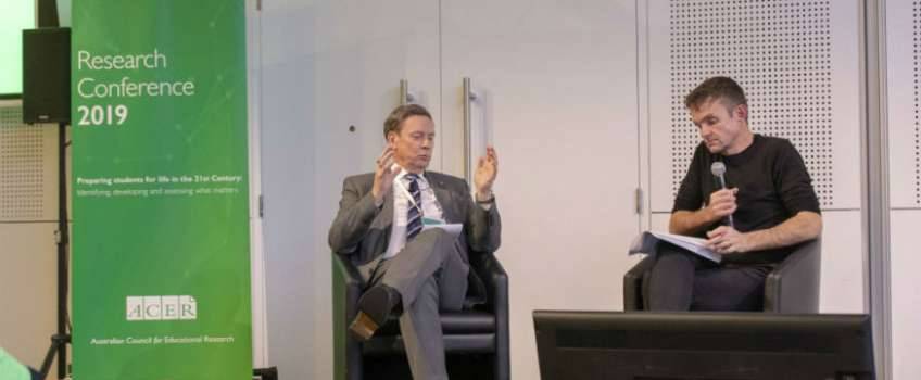 Professor Geoff Masters (left) in conversation with Professor Neil Selwyn at Research Conference 2019.