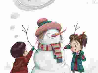 Illustration of a young boy and girl building a snowman. A thought bubble shows the boy thinking about the snowman melting in the rain.