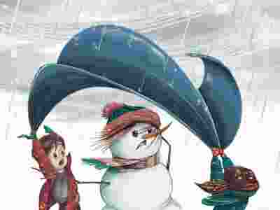 Illustration of a young boy and girl holding a tarpaulin over a snowman to protect it from the rain storm. Wind is blowing the tarpaulin upwards.