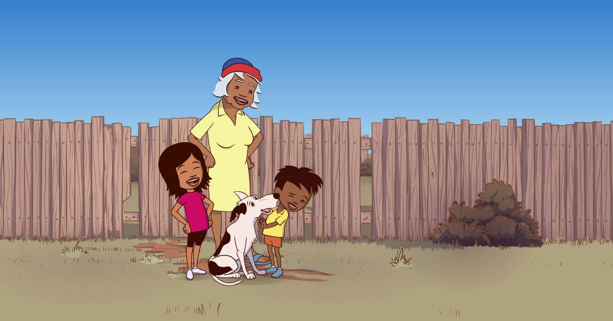 Little J, Big Cuz, Nanna and Old Dog in front of fence