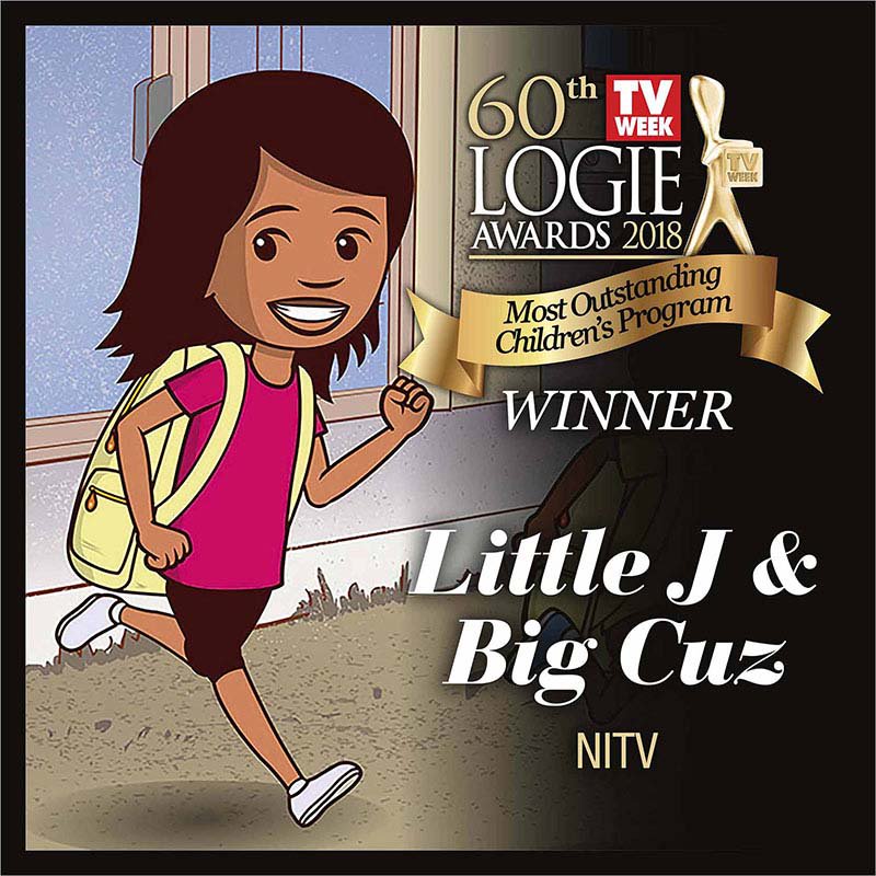 Cartoon graphic announcing Little J and Big Cuz (NITV) Most Outstanding Children's Program TV Week Logie Award for 2018