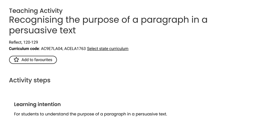 Recognising the purpose of a paragraph in a persuasive text, showing curriculum codes and learning intentions