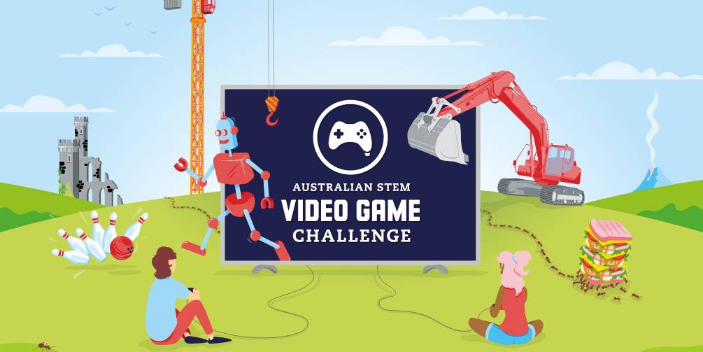 Australian STEM Video Game Challenge illustration showing 2 children playing video games with a crane, bulldozer, robot, ten pin bowls.